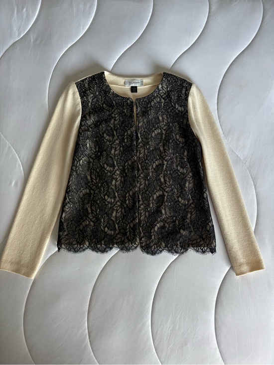 St. John Sweaters - St. John Cream and Black Lace Front Knit Cardigan
